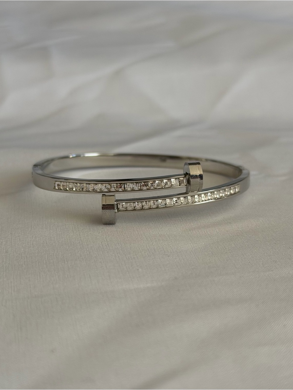 Silver-Tone Crystal Nail Bangle Bracelet Stainless Steel Hinged Cuff - Defective